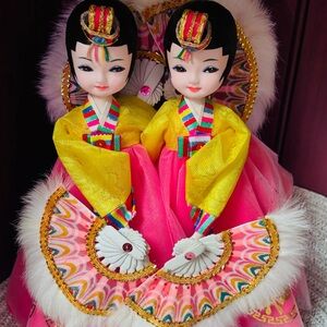 Traditional Korean silk Dolls in Yellow and Pink Hanbok